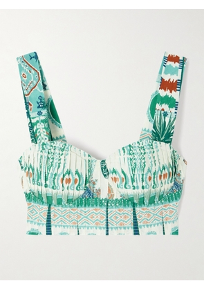 Emporio Sirenuse - Dalia Cropped Shirred Printed Cotton Bustier Top - Green - IT36,IT38,IT40,IT42,IT44,IT46