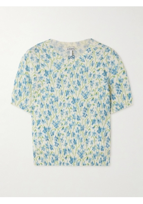 LOEWE - Embroidered Floral-print Cotton-blend T-shirt - Blue - x small,small,medium,large