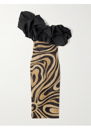 PUCCI - Marmo One-shoulder Ruffled Cotton Poplin-trimmed Printed Mesh Maxi Dress - Black - IT38,IT40,IT42,IT44,IT46,IT48
