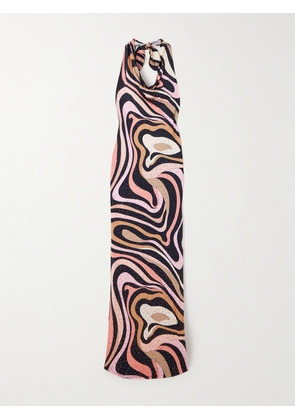 PUCCI - Marmo Crystal-embellished Printed Satin-jersey Halterneck Maxi Dress - Pink - IT38,IT40,IT42,IT44,IT46,IT48