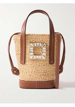 Roger Vivier - Viv Skate Mini Crystal-embellished Leather-trimmed Raffia Bucket Bag - Neutrals - One size