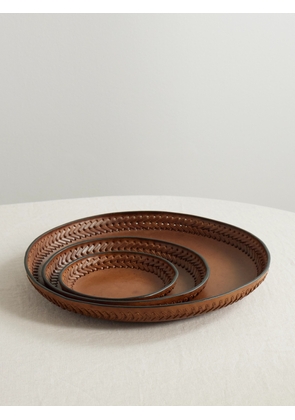 Hunting Season - Set Of Three Whipstitched Leather Trays - Brown - One size