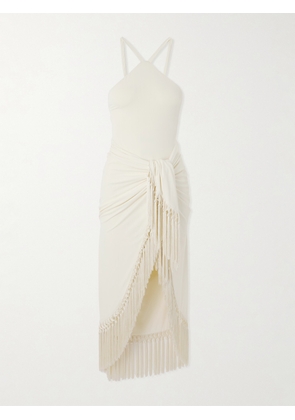 Taller Marmo - Hera Artisanal Swimsuit And Tasseled Pareo Set - Cream - x small,small,medium,large,x large