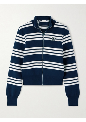 TORY SPORT - Appliquéd Striped Ribbed-knit Cardigan - Blue - x small,small,medium,large,x large