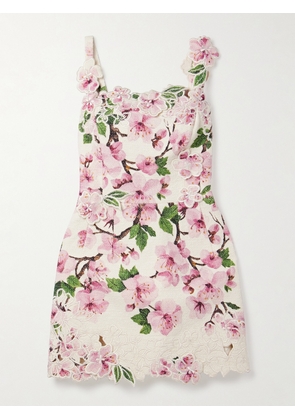 Oscar de la Renta - Appliquéd Floral-print Cotton-blend Bouclé Mini Dress - White - US0,US2,US4,US6,US8,US10,US12