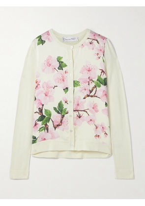 Oscar de la Renta - Paneled Knitted And Floral-print Silk-blend Twill Cardigan - Ecru - x small,small,medium,large,x large
