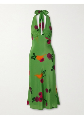 STAUD - Lucca Printed Silk-crepe Halterneck Midi Dress - Green - x small,small,medium,large,x large
