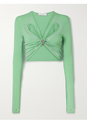 RABANNE - Cropped Embellished Gathered Jersey Top - Green - FR 34,FR 36,FR 38,FR 40,FR 42