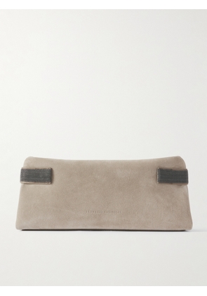 Brunello Cucinelli - Bead-embellished Leather-trimmed Suede Clutch - Gray - One size