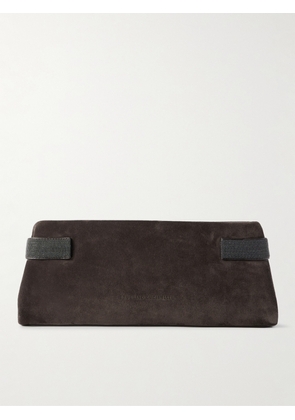 Brunello Cucinelli - Bead-embellished Leather-trimmed Suede Clutch - Brown - One size