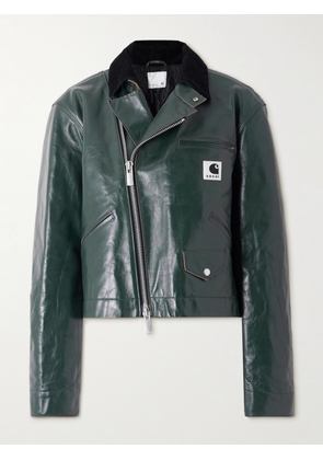 Sacai - + Carhartt Wip Cotton Corduroy-trimmed Leather Biker Jacket - Green - 1,2,3