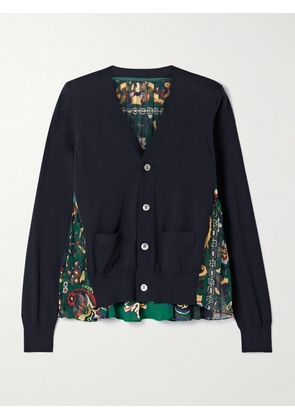 Sacai - Paneled Cotton, Printed Satin And Pleated Chiffon Cardigan - Blue - 1,2,3,4