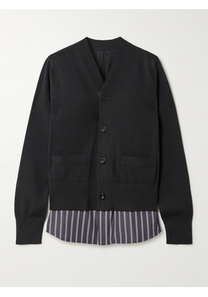 Sacai - Layered Striped Cotton Poplin-trimmed Cotton-blend Jersey Cardigan - Black - 1,2,3,4