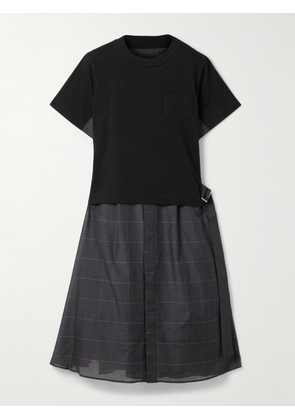 Sacai - Belted Cotton-jersey And Checked Voile Midi Dress - Black - 1,2,3,4
