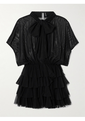 Norma Kamali - Lauren Bow-detailed Tiered Ruffled Tulle Mini Dress - Black - x small,small,medium,large,x large