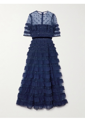 Costarellos - Velvet-trimmed Point D'esprit And Ruffled Chiffon Midi Dress - Blue - FR 32,FR 34,FR 36,FR 38,FR 40,FR 42,FR 44,FR 46