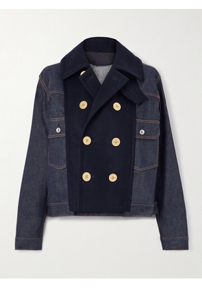Sacai - Double-breasted Wool-trimmed Denim Jacket - Blue - 1,2,3,4