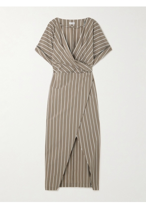 Brunello Cucinelli - Striped Cotton-blend Poplin Wrap Midi Dress - Brown - xx small,x small,small,medium,large,x large,xx large