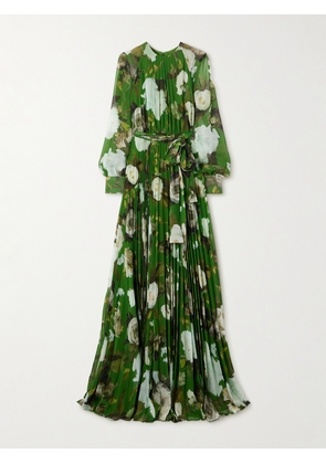Erdem - Belted Pleated Floral-print Crepe De Chine Gown - Green - UK 4,UK 6,UK 8,UK 10,UK 12,UK 14,UK 16,UK 18,UK 20,UK 22
