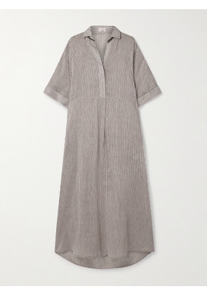 Brunello Cucinelli - Oversized Bead-embellished Striped Linen And Silk-blend Organza Maxi Shirt Dress - Brown - xx small,x small,small,medium,large,x large