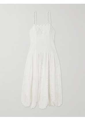 Farm Rio - Richelieu Scalloped Gathered Broderie Anglaise Linen-blend Midi Dress - Off-white - xx small,x small,small,medium,large,x large