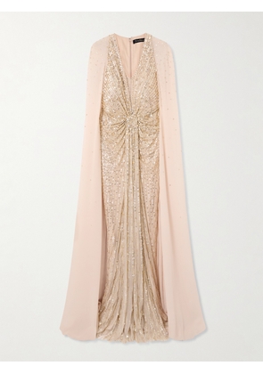 Jenny Packham - Zenith Cape-effect Embellished Sequined Chiffon Gown - Gold - UK 6,UK 8,UK 10,UK 12,UK 14,UK 16,UK 18,UK 20,UK 22