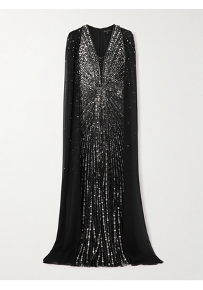 Jenny Packham - Zenith Cape-effect Embellished Chiffon Gown - Black - UK 6,UK 8,UK 10,UK 12,UK 14,UK 16,UK 18,UK 20,UK 22