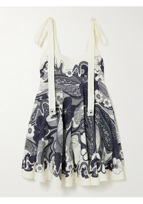 ALÉMAIS - Mickey Tie-detailed Shirred Floral-print Linen-gauze Mini Dress - Blue - US0,US2,US4,US6,US8,US10,US12