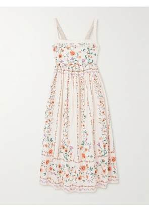 Agua by Agua Bendita - Barbara Pleated Bead-embellished Floral-print Linen Midi Dress - White - x small,small,medium,large,x large