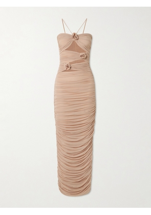 Maygel Coronel - Veranera Appliquéd Ruched Cutout Stretch-jersey Halterneck Maxi Dress - Neutrals - Petite,One Size,Extended