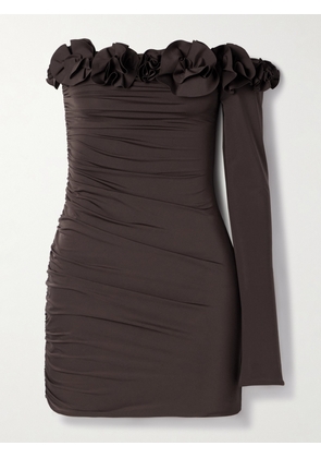 Maygel Coronel - Selvaggio One-sleeve Appliquéd Ruched Stretch-jersey Mini Dress - Brown - Petite,One Size,Extended