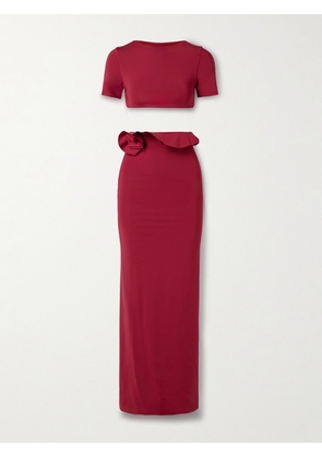 Maygel Coronel - Cowan Stretch-jersey T-shirt And Ruffled Maxi Skirt Set - Burgundy - Petite,One Size,Extended