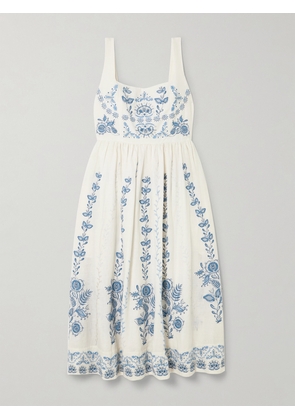 Agua by Agua Bendita - Miramar Floritura Gathered Embroidered Linen Midi Dress - White - x small,small,medium,large,x large