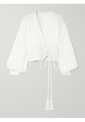 Andres Otalora - La Costa Braid-trimmed Belted Linen Blouse - White - US0,US2,US4,US6,US8,US10,US12