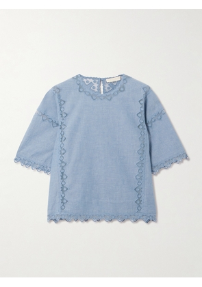 Ulla Johnson - Kai Embroidered Tulle-trimmed Cotton-chambray Blouse - Blue - US0,US2,US4,US6,US8,US10,US12,US14,US16
