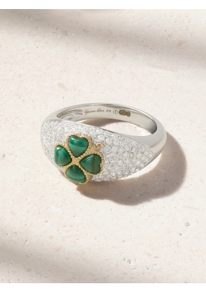 Yvonne Léon - Mini Bague Dôme Trèfle 9-karat White And Yellow Gold, Malachite And Diamond Ring - Silver - 5,6,7