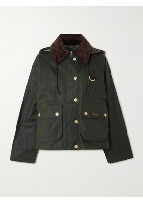Barbour - Reighton Hooded Corduroy-trimmed Waxed-cotton Jacket - Green - UK 8,UK 10,UK 12,UK 14,UK 16,UK 18