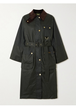 Barbour - Milda Corduroy-trimmed Waxed-cotton Trench Coat - Green - UK 8,UK 10,UK 12,UK 14,UK 16,UK 18