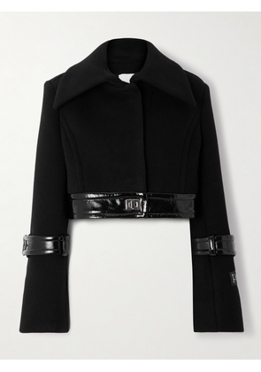 Patou - Belted Coated-trimmed Brushed Wool-blend Jacket - Black - FR 34,FR 36,FR 38,FR 40,FR 42,FR 44