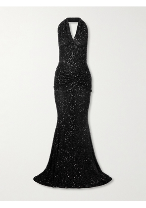 Patou - Draped Sequined Mesh Halterneck Gown - Black - FR 34,FR 36,FR 38,FR 40,FR 42