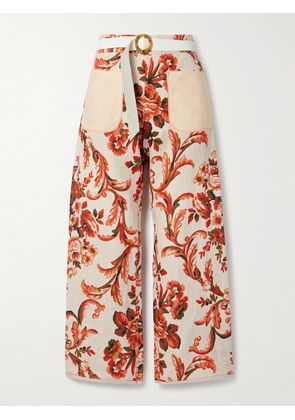 Thank You Have A Good Day - Cotton-jacquard And Leather-trimmed Floral-print Cotton-canvas Wide-leg Pants - Red - One size