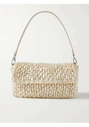 STAUD - Timmy Leather-trimmed Faux Pearl-embellished Raffia Shoulder Bag - Cream - One size
