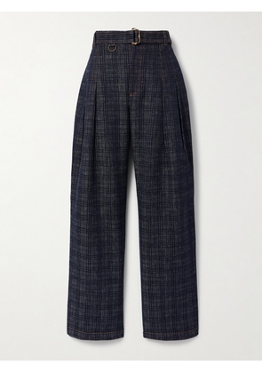 Burberry - Belted Pleated Cotton-tweed Wide-leg Pants - Blue - 24,25,26,27,28,29,30,31