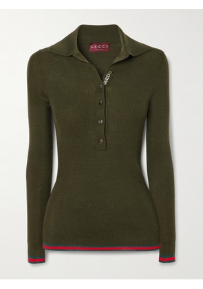 Gucci - Striped Ribbed Cashmere And Silk-blend Polo Shirt - Green - XXS,XS,S,M,L,XL
