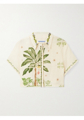 Agua by Agua Bendita - Virtuosa Wild Cropped Embellished Printed Embroidered Linen Shirt - Cream - x small,small,medium,large,x large