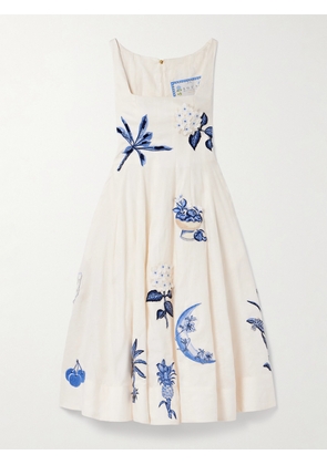 Agua by Agua Bendita - Frontera Appliquéd Linen Midi Dress - Cream - x small,small,medium,large,x large
