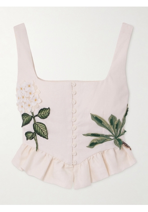 Agua by Agua Bendita - Eslabon Appliquéd Embroidered Ruffled Linen Bustier Top - Cream - x small,small,medium,large,x large