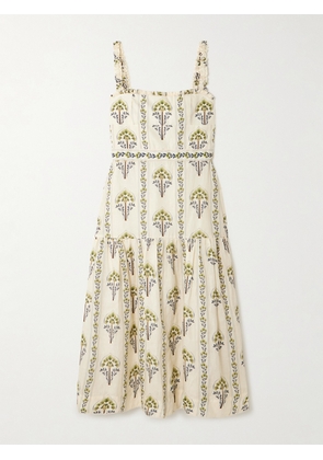 Agua by Agua Bendita - Nispero Tiered Embroidered Printed Linen Midi Dress - Cream - x small,small,medium,large,x large