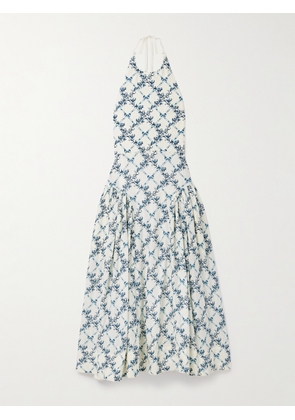 Agua by Agua Bendita - Balsa Faux Pearl-embellished Printed Linen Halterneck Midi Dress - Off-white - x small,small,medium,large,x large