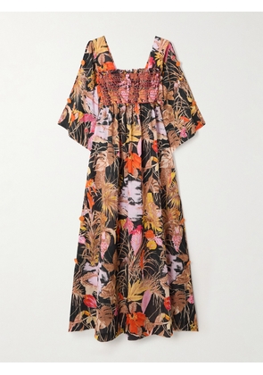 Loretta Caponi - Malibu Smocked Printed Cotton Midi Dress - Multi - x small,small,medium,large,x large